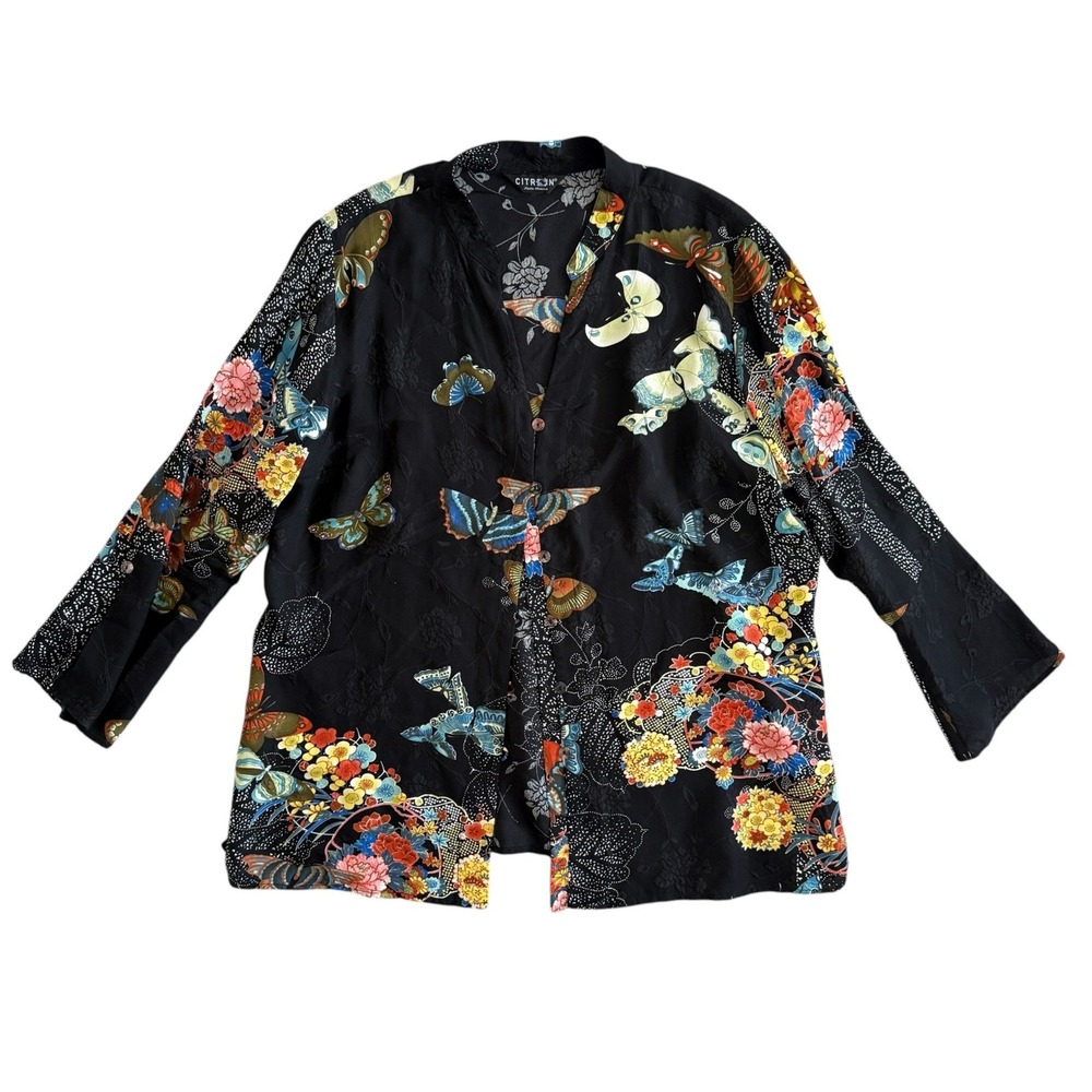 Citron Santa Monica Butterfly Floral Silk Jacquard Blouse Black XL